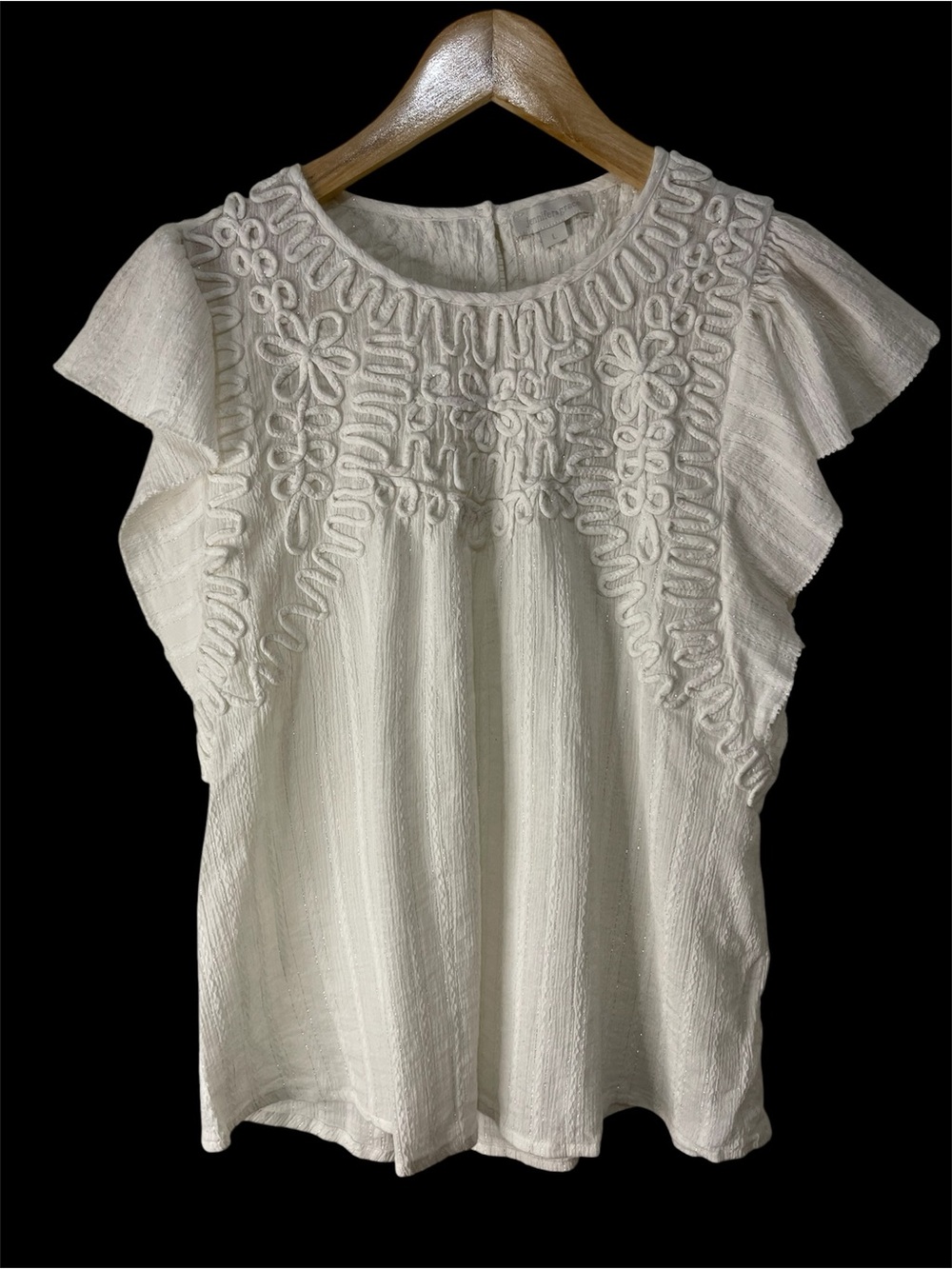 White Cotton Silver Metallic Design Textured Preppy Top size Large - Picture 2 of 8